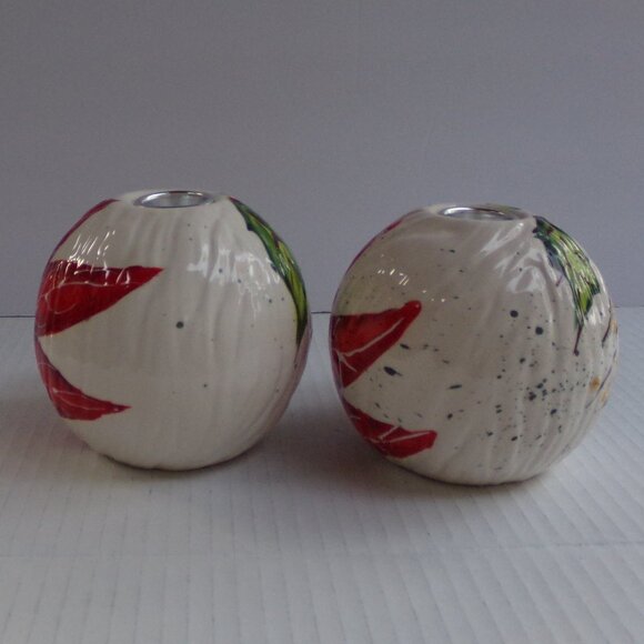 Vintage Christmas Bella Casa Ganz Ceramic Taper Candle Holders Poinsettia Shiny - Picture 9 of 15